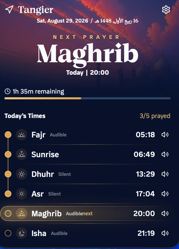 SalatReminder menu showing today’s prayer times in Tangier